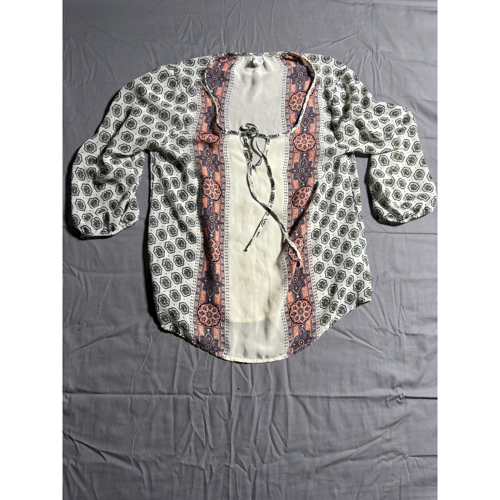 Old Navyβ Peasant Blouse Womens XS Petite White Good Boho Floral Tie Neck Top